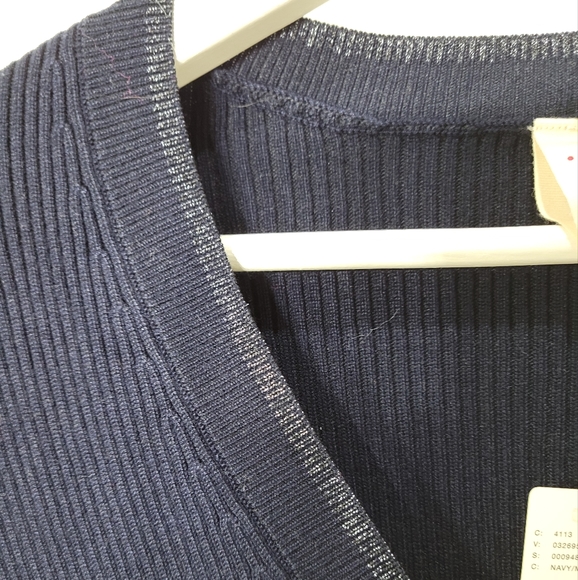 V-Neck Knitted Navy Blue Sweater with Silver Metallic Trim Size XS - Picture 4 of 5